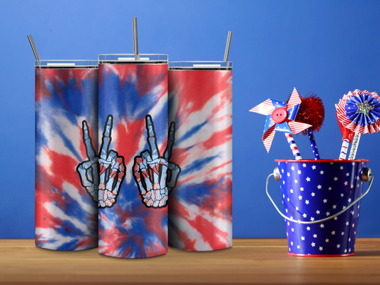 Skeleton Hand Peace - Red White and Blue Tie Dye 20oz Tumbler